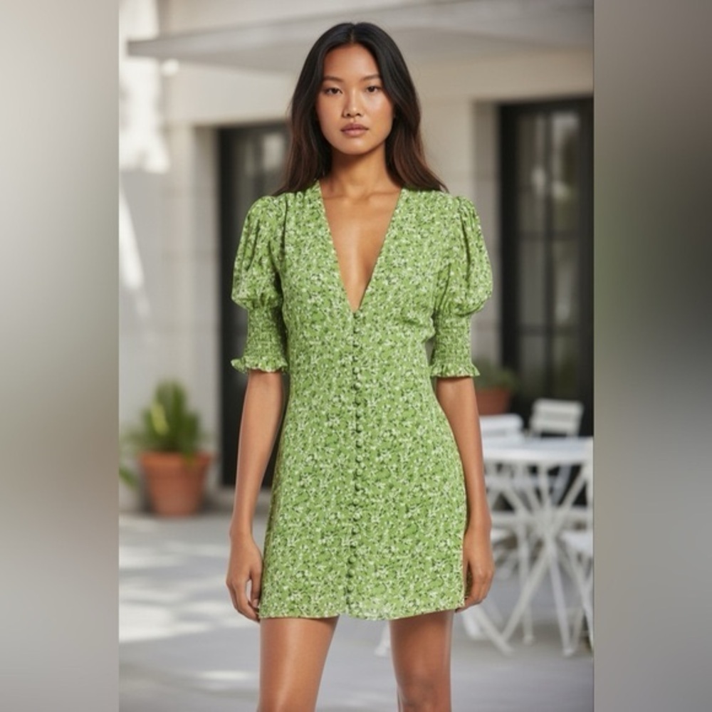 Reformation Green Alison Floral Button Down Short Puff Sleeve Mini Sun Dress - Picture 11 of 14